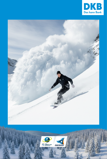 AI-Welt für DKB: Gast als Snowboarder vor einer Schneelawine